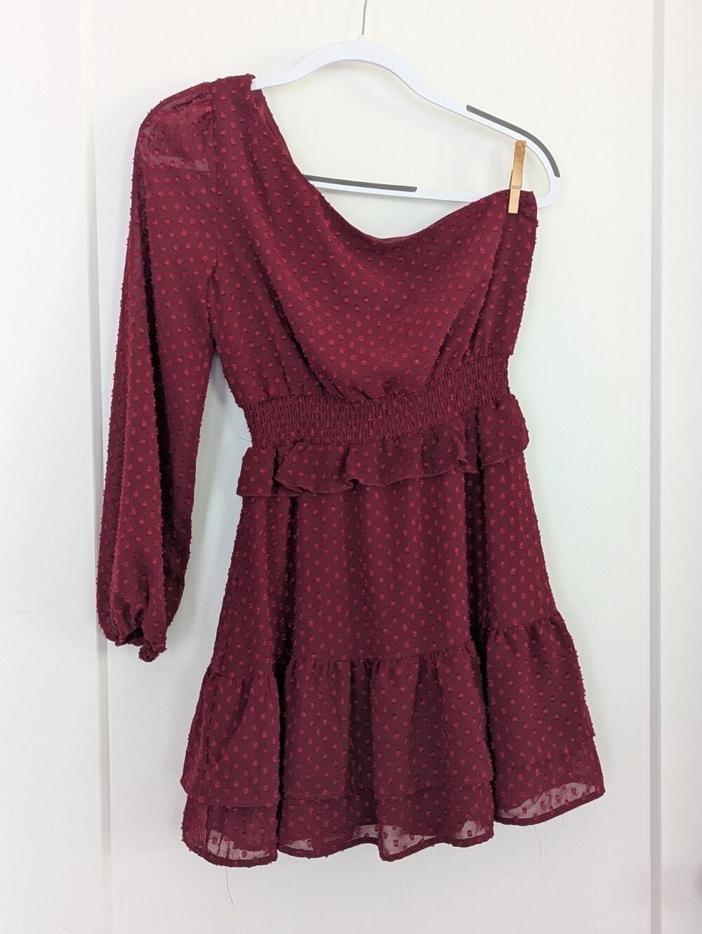 Altar'd State Burgundy Swiss Dot One Shoulder Mini Dress S Ruffle Smocked
